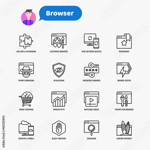 Browser thin line icons set: add-ons, extension, customize browser, sync between devices, bookmark, private, ad blocking, password manager, smart shopping, surfing internet. Vector illustration.