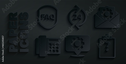 Set Location with gear, Envelope setting, Telephone, Clipboard question marks, 24 hours support and Shield text FAQ icon. Vector