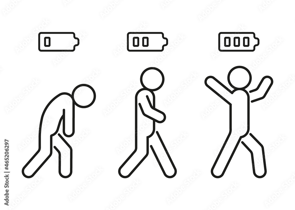 Set level energy person with battery from low tired in full happy, line icon. People with low charge and lack battery energy and human strong power sign with high energy. Burnout, stress. Vector Set level energy person with battery from low tired in full happy, line icon. People with low charge and lack battery energy and human strong power sign with high energy. Burnout, stress. Vector