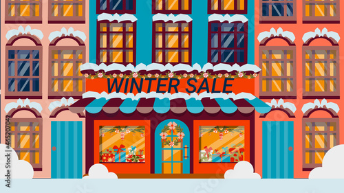 Christmas facade of the store. New Year's showcase of a gift shop. Winter sale. Horizontal vector illustration in a flat cartoon style, a Christmas banner for a web