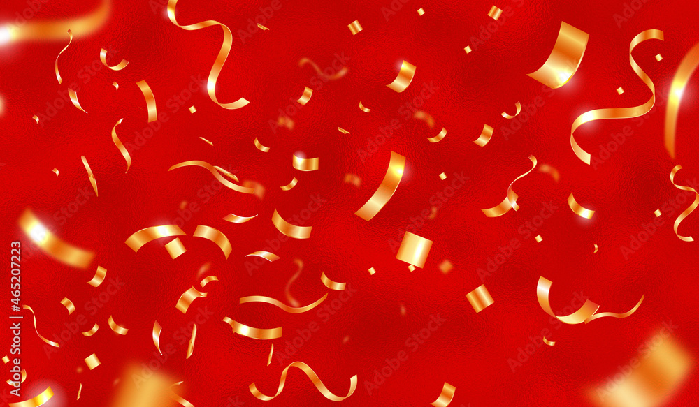Celebration background template with gold confetti and gold ribbons on