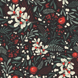 Whimsical winter foliage background. Vintage Christmas and Happy New Year flat seamless pattern, great for christmas textiles, banners, wrapping paper, wallpaper. Vector xmas design.