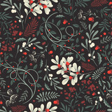 Whimsical winter foliage background. Vintage Christmas and Happy New Year flat seamless pattern, great for christmas textiles, banners, wrapping paper, wallpaper. Vector xmas design.