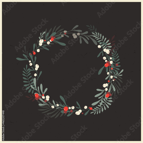 Hand drawn illustration of isolated Christmas wreath. Traditional holiday botanical decoration, season greetings card template. Winter foliage, floral background