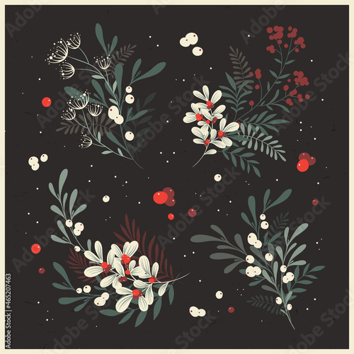 Winter foliage. Whimsical vector collection of Christmas floral arrangements and plants, branches and berries. Vintage bouquets, botanical elements for holiday and wedding design, greeting cards, invi