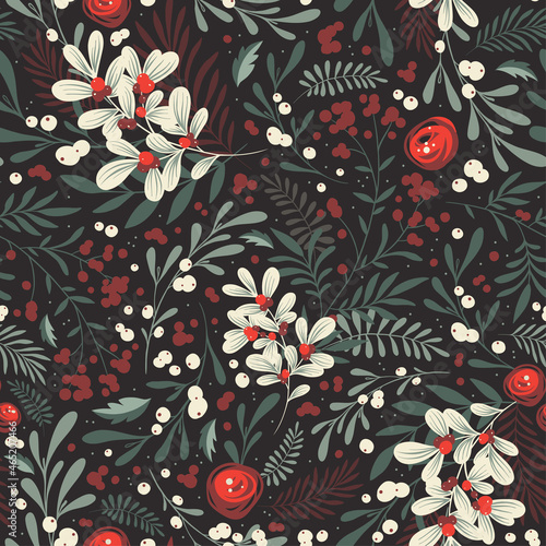 Whimsical winter foliage background. Vintage Christmas and Happy New Year flat seamless pattern, great for christmas textiles, banners, wrapping paper, wallpaper. Vector xmas design.