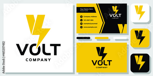 Initial Letter V Volt Power Voltage Bolt Fast Thunder logo design inspiration with Layout Template Business Card