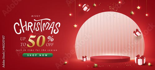 Merry Christmas sale promotion poster banner with product display and festive decoration red background