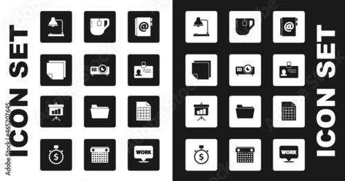Set Address book, Movie, film, media projector, Post note stickers, Table lamp, Identification badge, Cup of tea with tea bag, File document and Chalkboard diagram icon. Vector