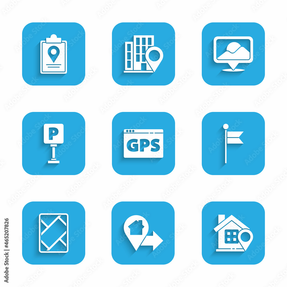Set Gps device with map, Location house, marker, Parking, and Folded location icon. Vector Set Gps device with map, Location house, marker, Parking, and Folded location icon. Vector
