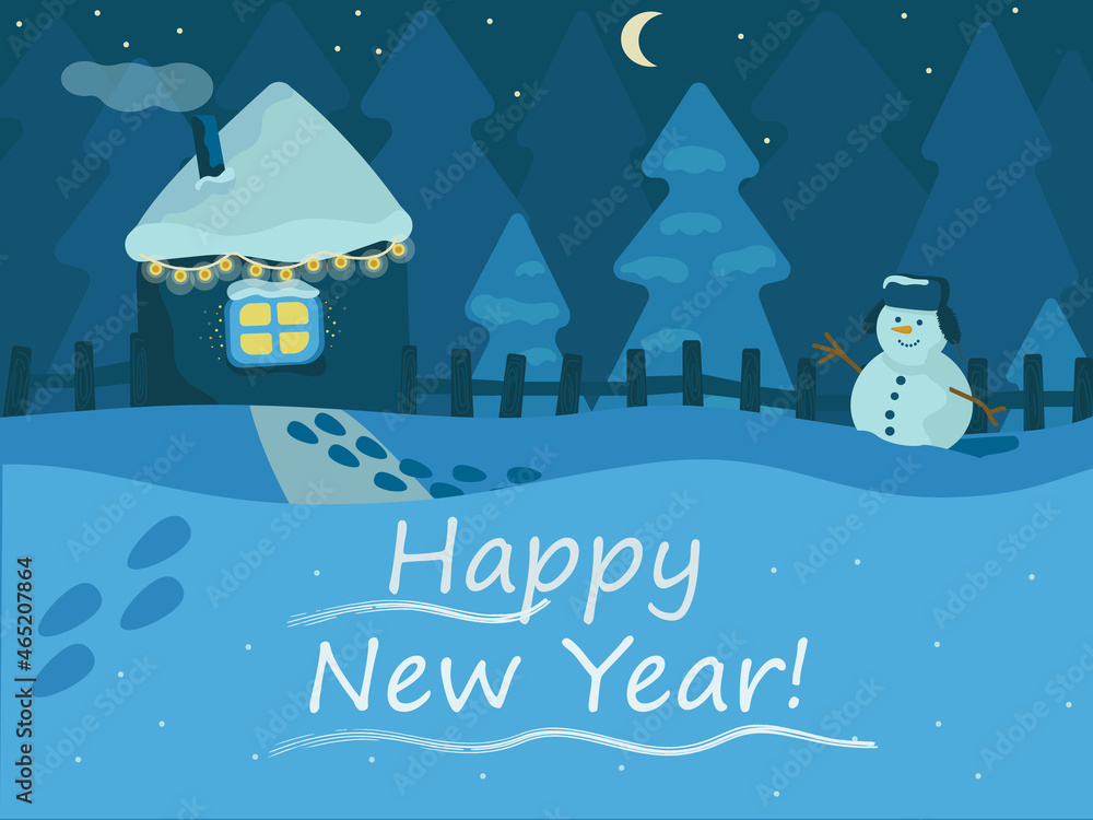 vector illustration, winter landscape, snowman, house, merry christmas greeting, happy new year card 