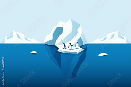 Climate change is real. Penguin on  melting mountain ice and sea level rising vector illustration concept