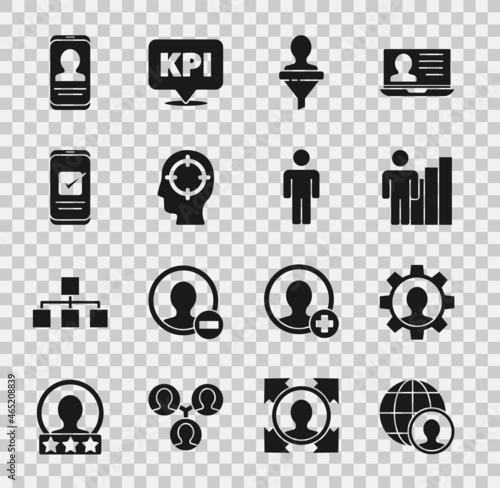 Set Globe and people, Human with gear, Productive human, Head hunting, Smartphone, Mobile resume and User of icon. Vector