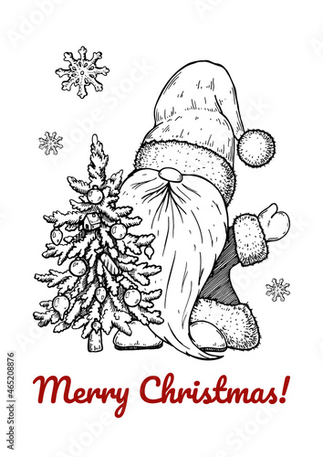 Hand drawn Christmas greeting card with Santa Clause and Christmas tree. Vector illustration in sketch style