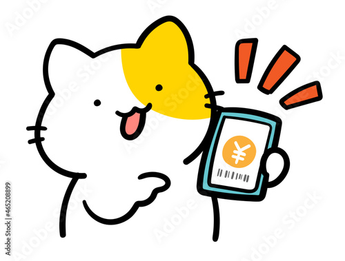 スマホで電子決済をするかわいいねこのキャラクターの手書き風イラスト