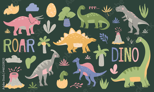 Set of various cartoon cute dinosaurs among tropical plant  palm trees  volcano and lettering DINO ROAR. Colorful animals isolated on green background. Hand drawn trendy flat vector illustration.