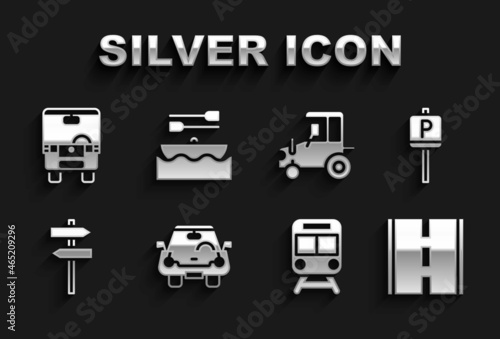 Set Car, Parking, Road, Train and railway, traffic signpost, Tractor, Bus and Boat with oars icon. Vector