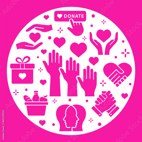 Vector banner templates with charity icons. Set of donate, help, handshake and more.