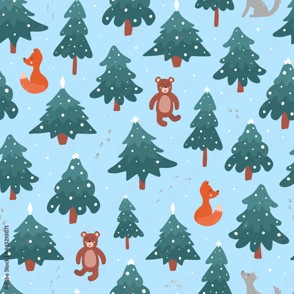 creative seamless pattern with christmas trees and forest animals. Good for nursery textile prints, scrapbooking, stationary, wallpaper, wrapping paper, kids apparel, etc. EPS 10