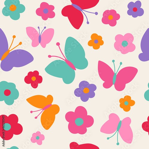 Cute flower and butterfly seamless pattern background.