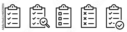 Clipboard icon. Checklist with gear, checkmarks, magnifier and pencil. Quality check line sign. Check List flat line icon. Form icon. Clipboard with gear technical support check list - stock vector. © Comauthor