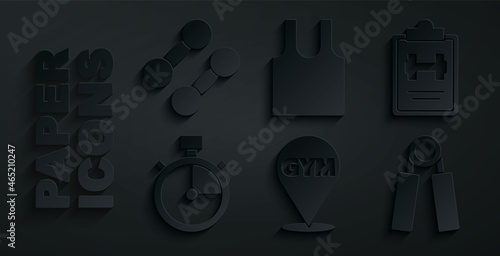 Set Location gym, Sport training program, Stopwatch, expander, Sleeveless T-shirt and Dumbbell icon. Vector