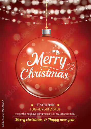 Merry christmas party and glass ball for flyer brochure design on red background invitation theme concept. Happy holiday greeting banner and card template.
