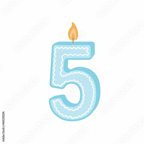 Illustration of a birthday candle number. Candle with number 5. A blue candle for the fifth birthday. Vector illustration on a white background isolated in a flat cartoon style