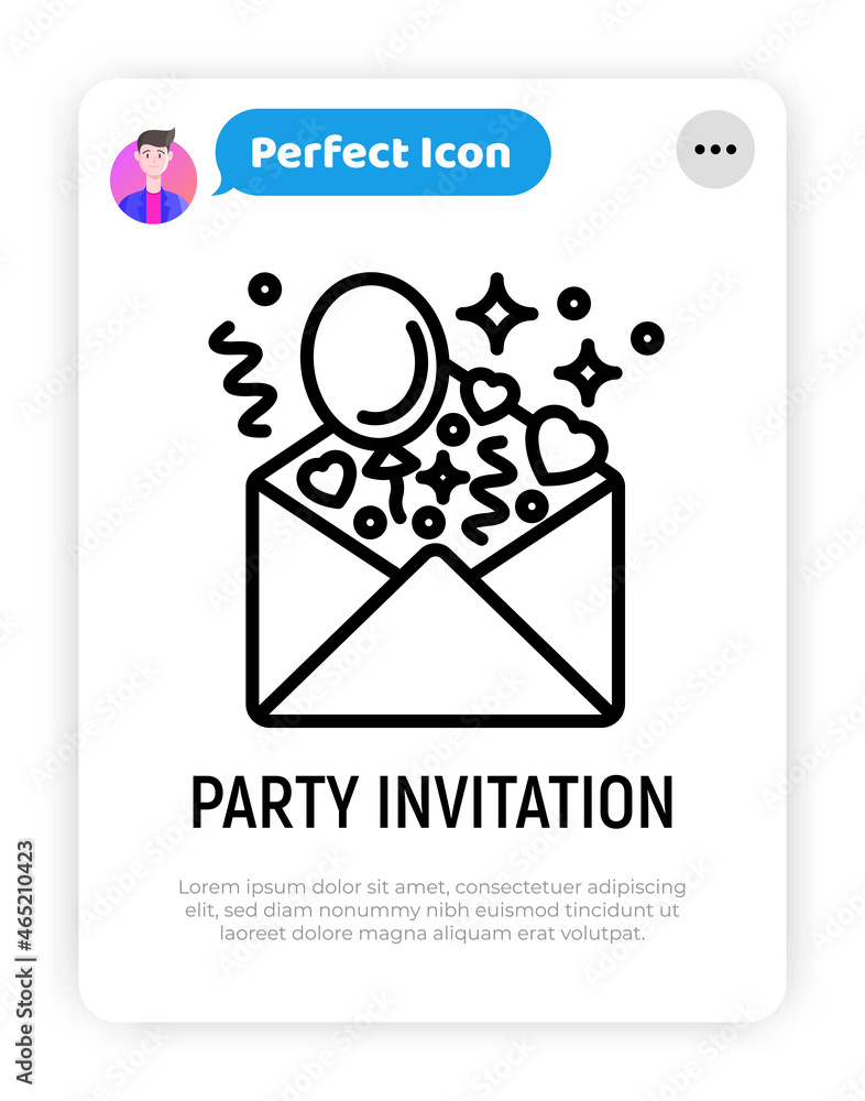 Party invitation, envelope with balloons and hearts thin line icon. Modern vector illustration. Party invitation, envelope with balloons and hearts thin line icon. Modern vector illustration.