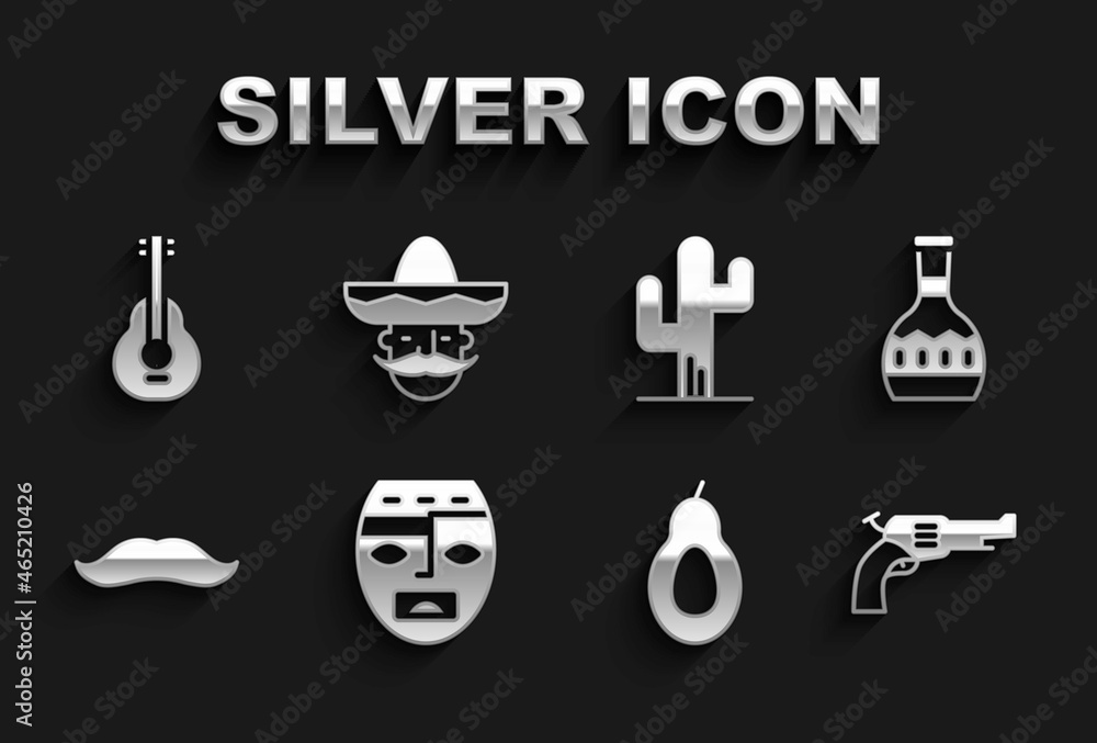 Set Aztec mask, Tequila bottle, Revolver gun, Avocado, Mustache, Cactus, Mexican guitar and man sombrero icon. Vector Set Aztec mask, Tequila bottle, Revolver gun, Avocado, Mustache, Cactus, Mexican guitar and man sombrero icon. Vector
