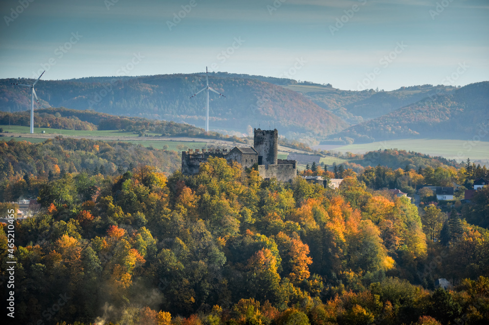 Bolkow Castle in autumn scenery, Lower Silesia, Poland