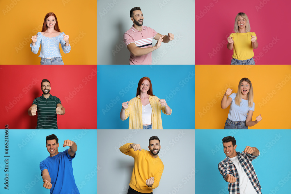 Fototapeta premium People pretending to drive car on different color backgrounds, collage