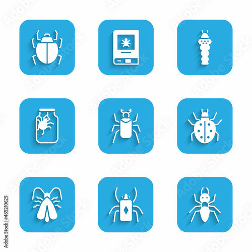 Set Beetle bug  Ant  Mite  Clothes moth  Spider in jar  Larva insect and icon. Vector