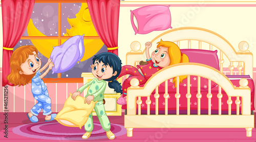 Children palying pillow fighting in the bedroom scene