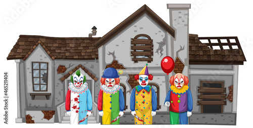 Creepy clowns standing in front of an abandoned house