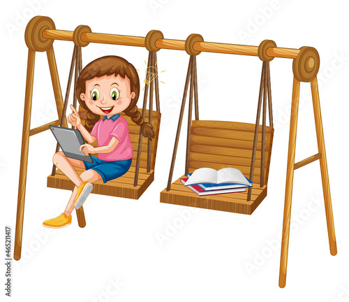 Girl leaning online with tablet on swing chair