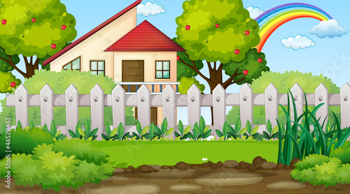 Nature landscape scene with a house and rainbow in the sky