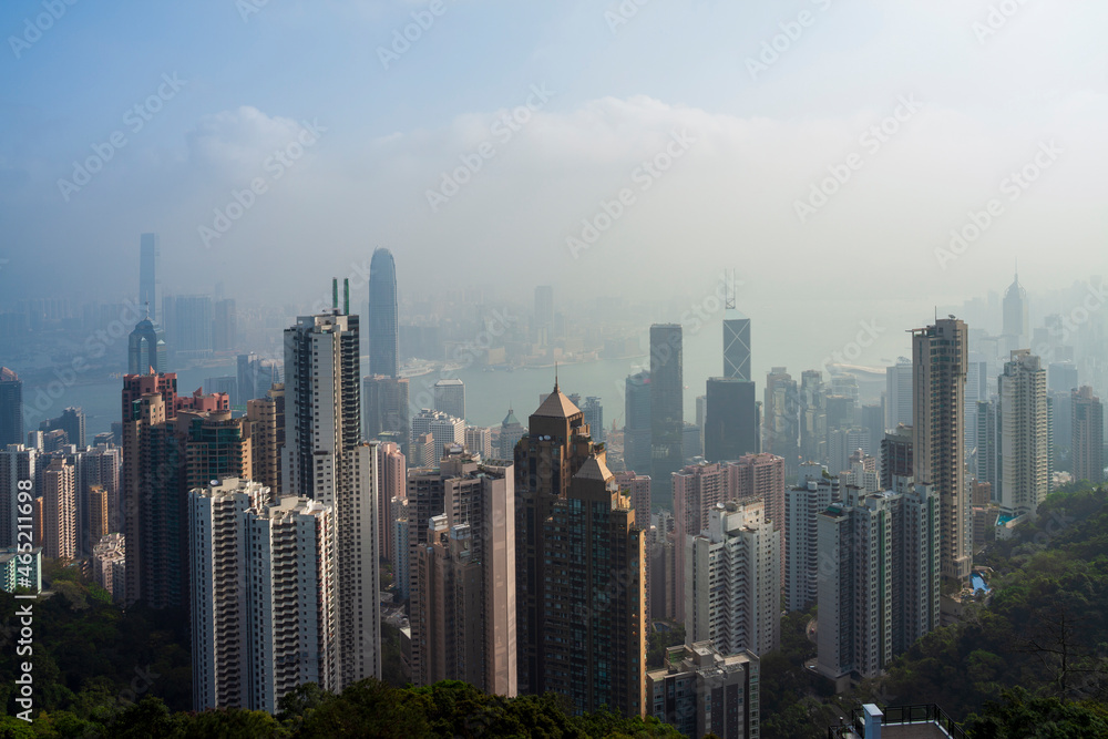 Victoria Harbor view from the Peak in Fog, Hong Kong Victoria Harbor view from the Peak in Fog, Hong Kong