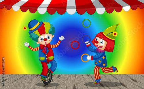 Funny clowns cartoon character on rainbow gradient background