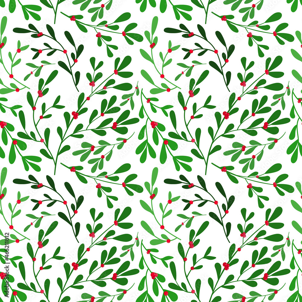 Fototapeta premium Christmas holiday mistletoe branches and red berries vector seamless pattern. Isolated on white background. Great for greeting cards, wallpapers, gift paper, winter holiday decorations.