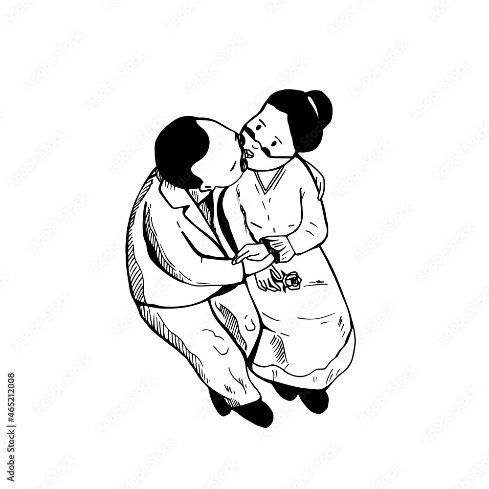 couple of elderly people are sitting holding hands, kissing. view from above. isometric vector. sketch. eps couple of elderly people are sitting holding hands, kissing. view from above. isometric vector. sketch. eps