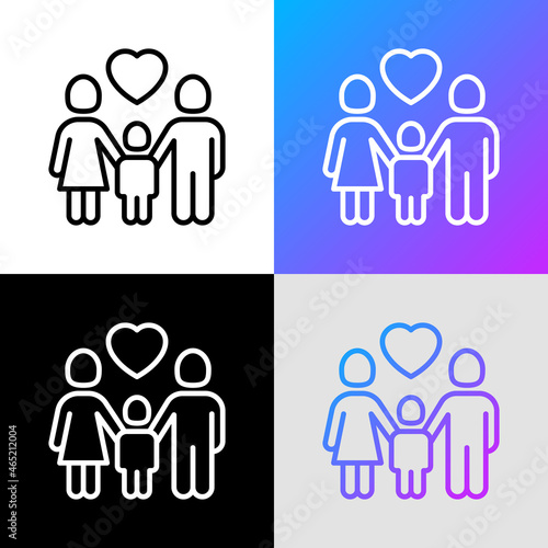 Foster family thin line icon, silhouettes of mother, father and child with heart above. Modern vector illustration, logo for adoption company.