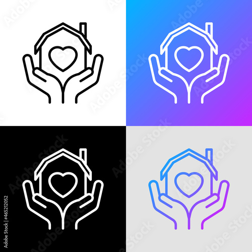 Family caregivers thin line icon, house with heart in hands. Modern vector illustration of adoption family, retirement, charity support.