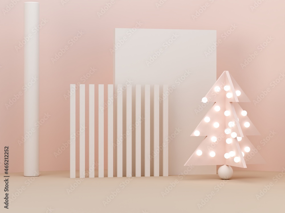 Pink cream shapes and Christmas tree on a pastel color abstract background. Minimal boxes and geometric podium. Winter scene. Empty showcase for cosmetic product presentation. 3d render. Pink cream shapes and Christmas tree on a pastel color abstract background. Minimal boxes and geometric podium. Winter scene. Empty showcase for cosmetic product presentation. 3d render.