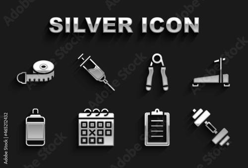 Set Calendar fitness, Treadmill machine, Dumbbell, Sport training program, Punching bag, expander, Tape measure and Doping syringe icon. Vector
