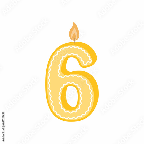 Illustration of a birthday candle number. A candle with the number 6. A yellow candle on the sixth birthday. Vector illustration on a white background isolated in a flat cartoon style