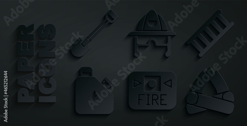 Set Fire alarm system, escape, Canister fuel, Campfire, Firefighter helmet and shovel icon. Vector