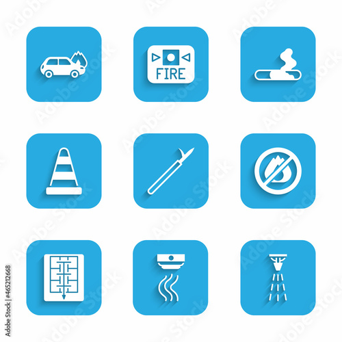 Set Metal pike pole, Smoke alarm system, Fire sprinkler, No fire, Evacuation plan, Traffic cone, Cigarette and Burning car icon. Vector