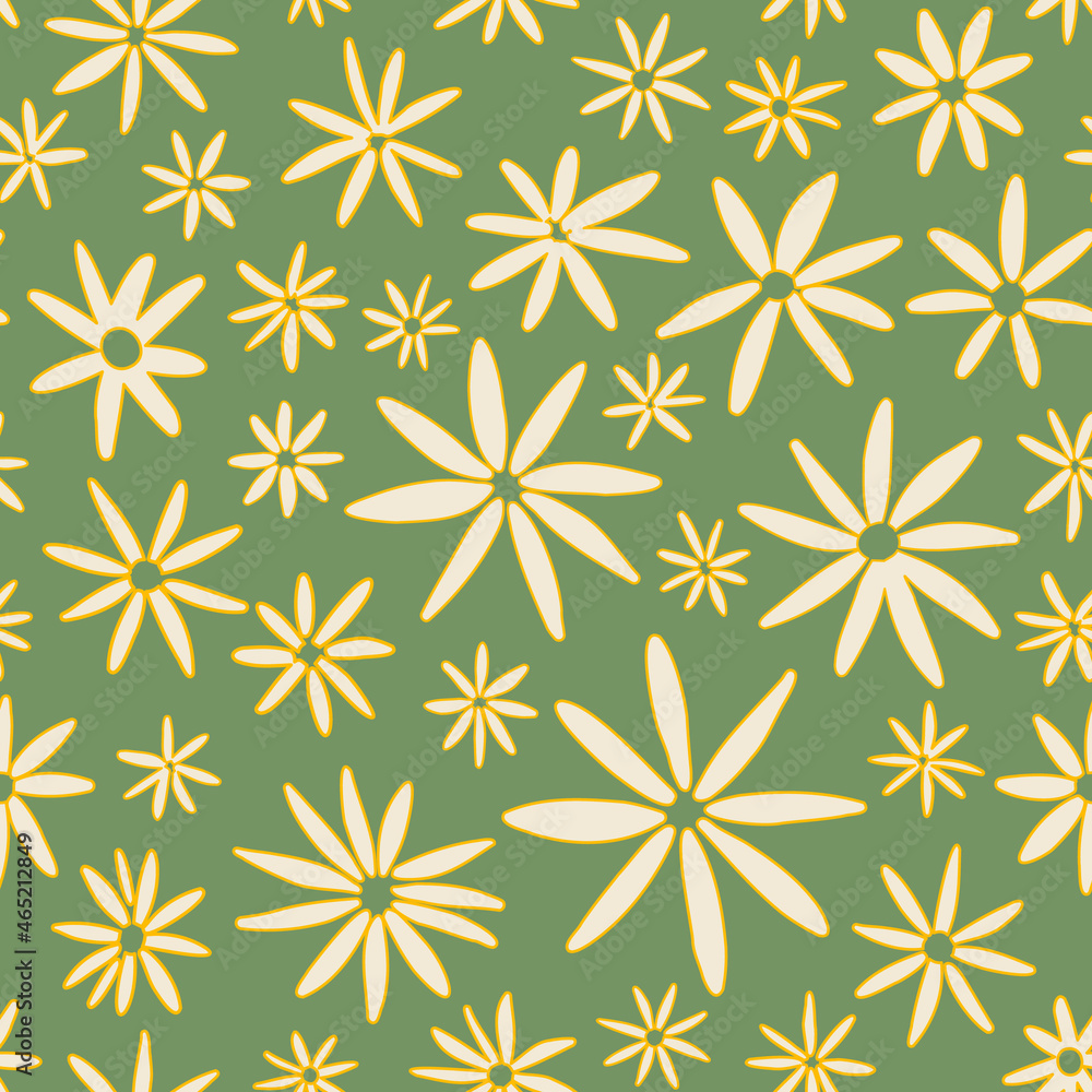 Ditsy daisy floral seamless repeat pattern. Random placed, vector millefleurs all over surface print on sage green background. Ditsy daisy floral seamless repeat pattern. Random placed, vector millefleurs all over surface print on sage green background.