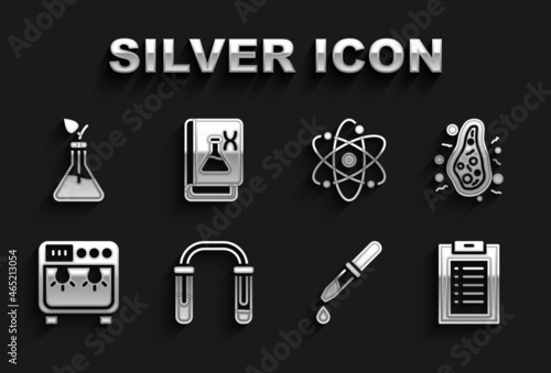 Set Test tube and flask, Bacteria, Clinical record, Pipette, Biosafety box, Atom, Plant breeding and Genetic engineering book icon. Vector